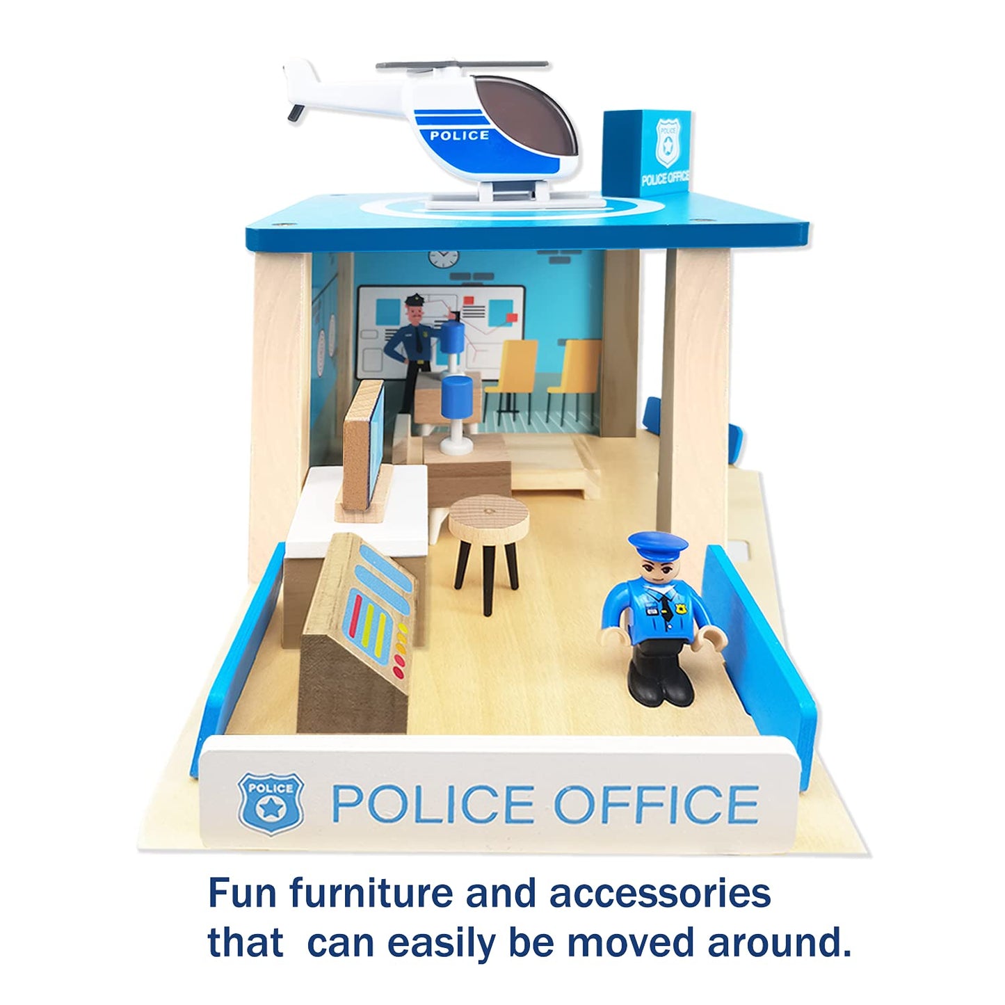 Wooden Police Station Playset Toy, Multicolor 3-Level Pretend Play Dollhouse Set with Figures, Car, Helicopter and Accessories, Preschool Learning