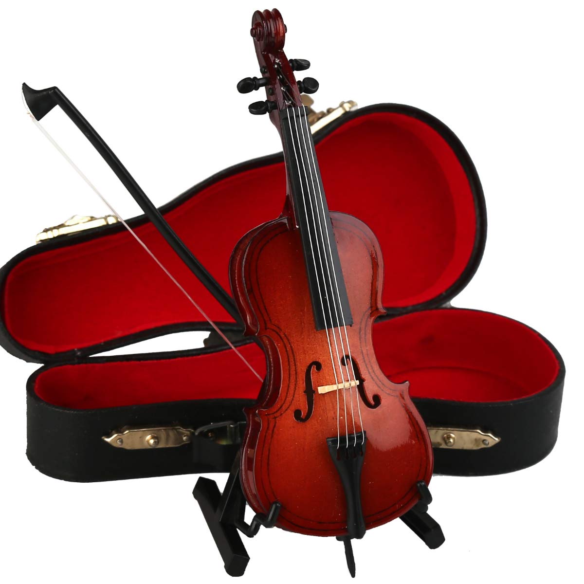 Dselvgvu Wooden Miniature Cello with Stand, Bow and Case Mini Musical Instrument Cello Replica Collectible Figurines Dollhouse Accessories Model Home