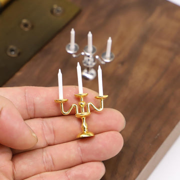 Dollhouse Candlesticks, Miniature Metal Candelabra, 1:12 Dining Candle Holder with 3 Candles, for Dollhouse Miniature Kitchen, Fairy Garden, Diorama