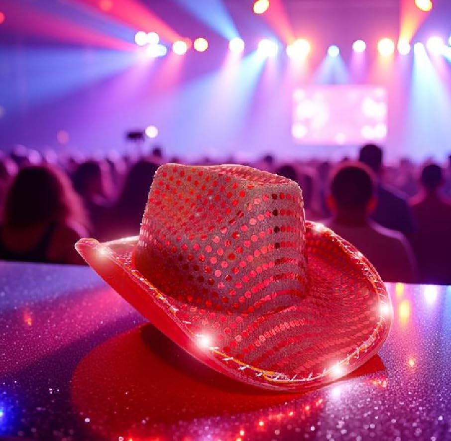 YADIRF Led Hat Cowboy Sequin Party Cap Flashing Light Up Dance Party Cowboy For Halloween Costume Cosplay Holiday (Red)