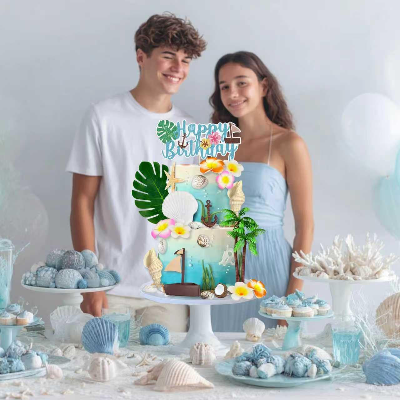 22PCS Hawaiian Cake Decorations Set with Sea Shell Including Coconut Tree Cake Decorations Boat Flowers Starfish Conch Leaves for Summer Party