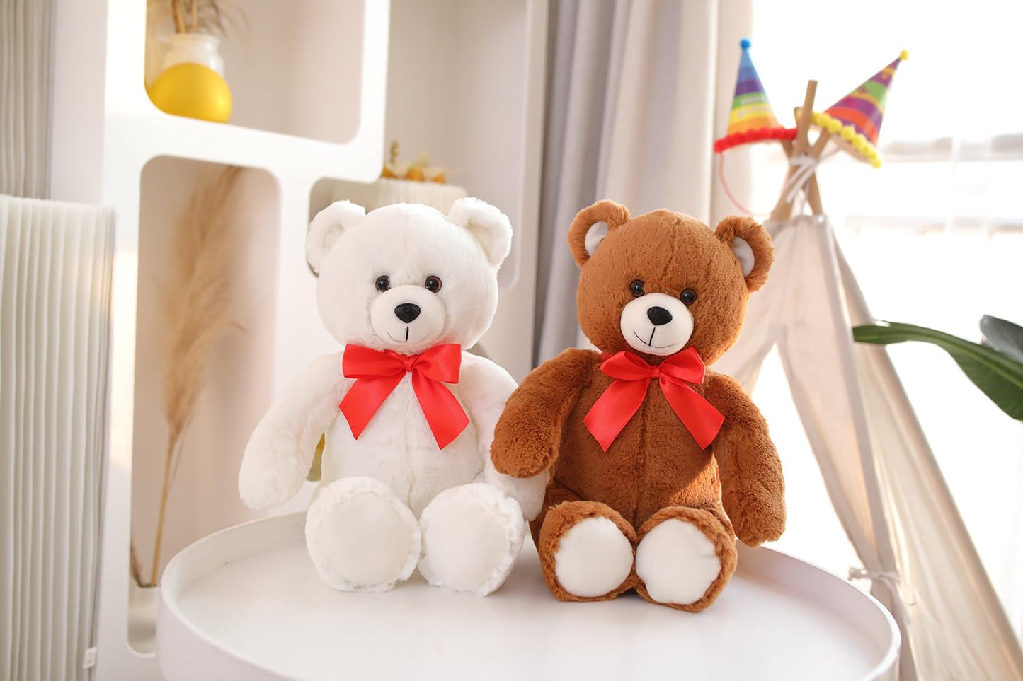 Plushland 15" Sitting Brown Fluffy Bear with Bowknot - Soft Plush Teddy Bear for Kids & Adults - Cuddly Stuffed Animal Gift for All Ages - Adorable