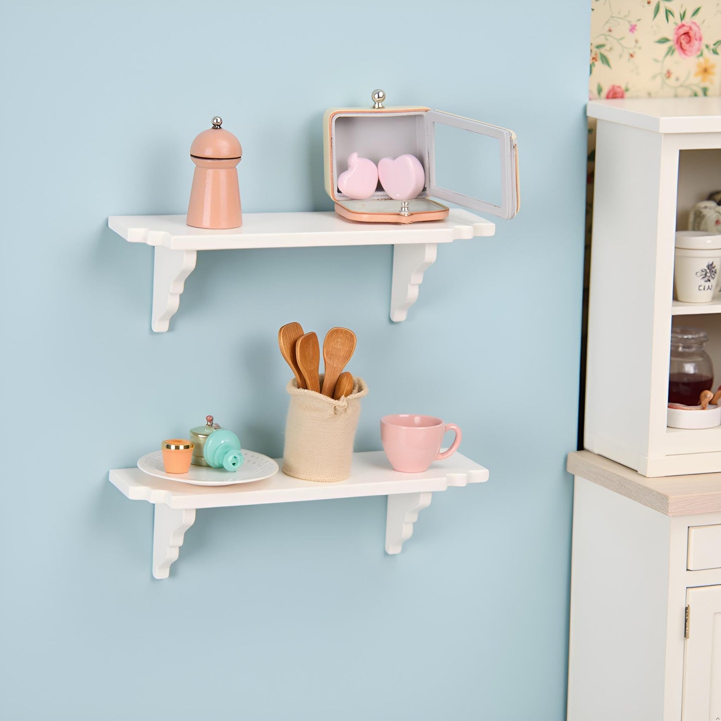 White Dollhouse Wall Shelf, 1/12 Scale Miniature Dollhouse Accessories, White Doll House Storage Wall Shelf Dollhouse Furniture for Kitchen Scene