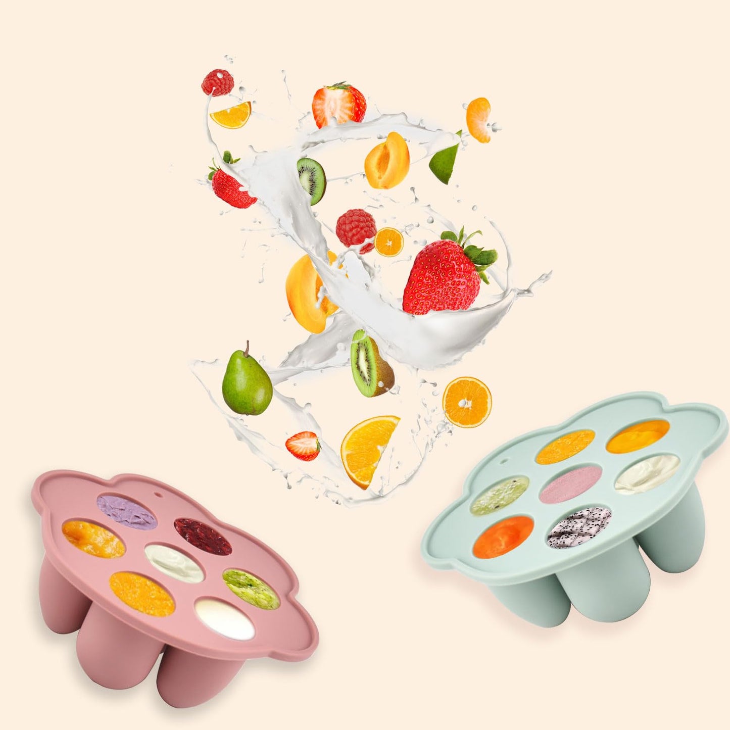 Ginbear Silicone Baby Fruit Food Feeder & Freezer Tray (Set of 2), Infant Teething Feeder Pacifiers with Baby Popsicle Molds Combo 4 Months+ (Hazy