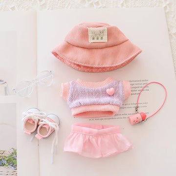 6-Piece Clothes for 17cm Dolls - Cute Hat, Glasses, Water Bottle, Sweater, Skirt & Canvas Shoes - Premium Doll Outfit Accessories for Creative Play &