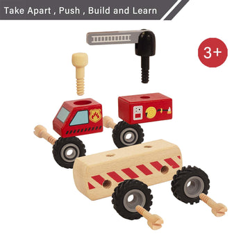 WoodenEdu Construction Vehicles for Toddlers, 2 Pcs Wooden Detachable Assemble Cranes and Tractor, Kids Vehicle Toys Hand Push Car Toys for 3 Years