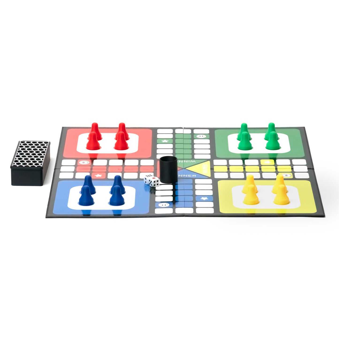 Premium Ludo Board Game Set - 20"x20" Quad-Fold Game Board with 16 Colorful Pawns, Dice Cup, 2 Dice & Storage Box