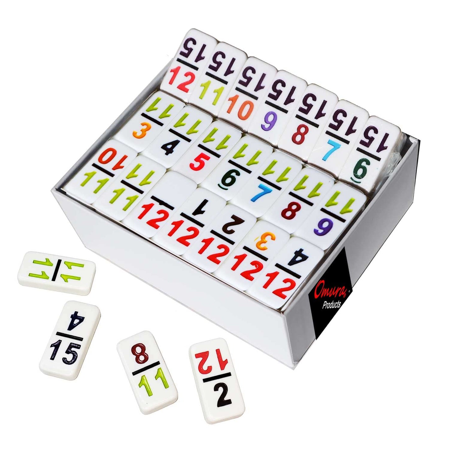 OMURA Games | Double15 Pro Size Dominoes Set | Tile: White with Color Numeral