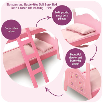 Badger Basket Blossoms and Butterflies Doll Bunk Bed with Ladder and Bedding for 18 to 20-Inch Dolls - Pink Floral and Butterfly Design for Creative