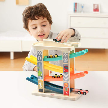 TOP BRIGHT Toddler Toys for 2 Year Old Boy, Wooden Car Ramp Race Track Set, Car Toys for Toddlers 1-3 with Cars and a Garage, Montessori Toys for 12