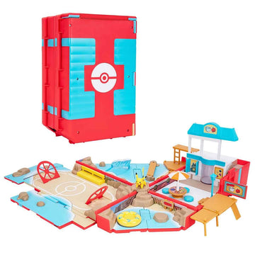 Jazwares Pokémon Carry Case Beach Battle Playset - Portable Transforming Backpack Playset with Action Features and 2-inch Pikachu Battle Figure