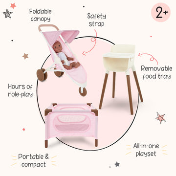 LullaBaby - 14-Inch Realistic Baby Doll Accessory Bundle - Nursery Care Set - High Chair, Playpen & Jogger Stroller - Pretend Play Toys - Kids 2+