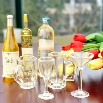 4Pcs Clear Glass Dollhouse Drinking Glasses Miniature: 1/12 Scale Wine Cocktail Glass for Kitchen Bar - Mini Beer Mug Stein Highball