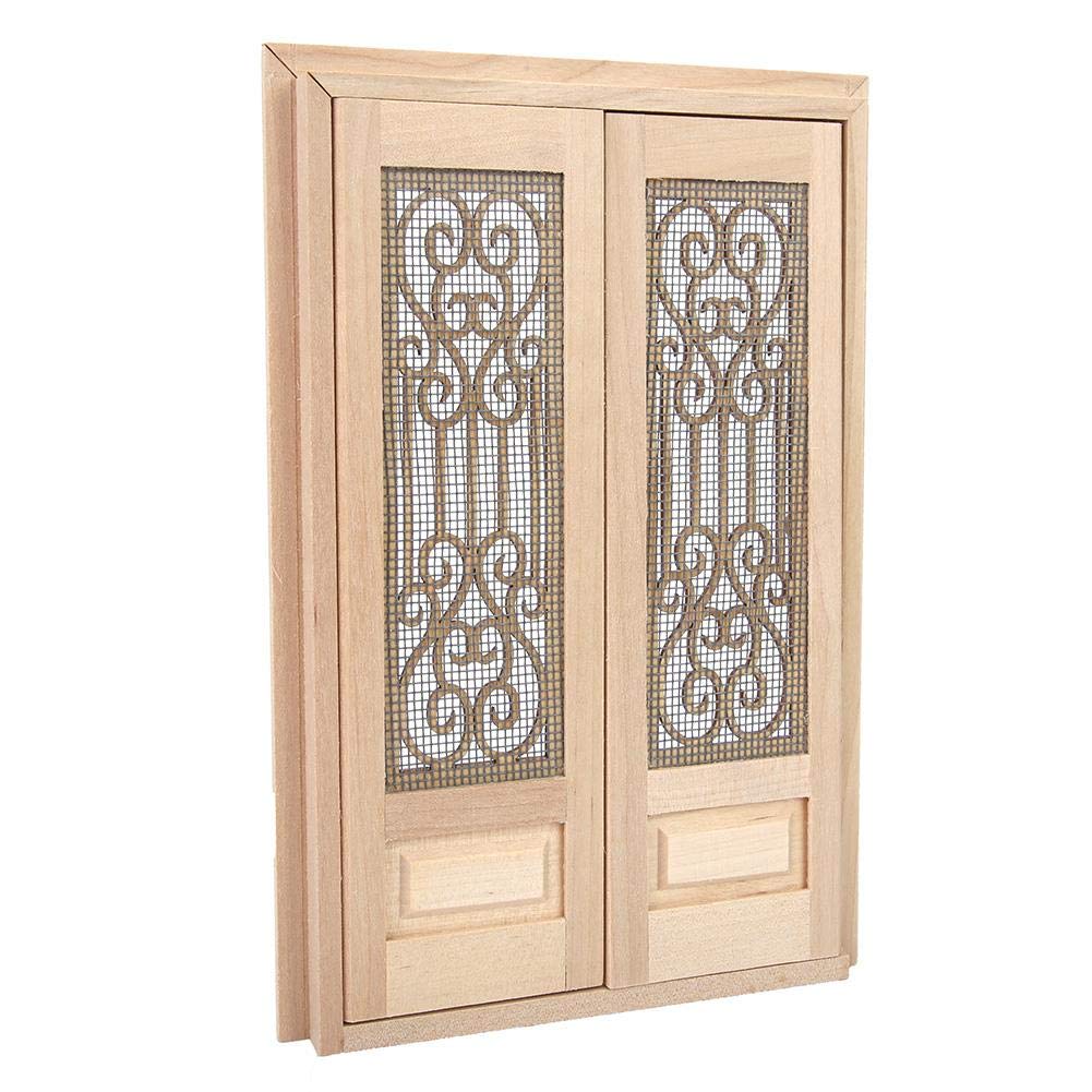 Doll Door, 1:12 Dollhouse Furniture Miniature DIY Hollow Wooden Door Set Wood Exterior Door Excellent Furniture Model