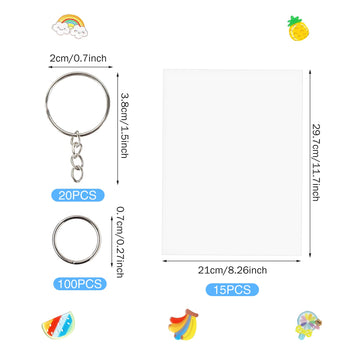 FASBET 135pcs Big Size Heat Shrinky Paper Keychain Kit with 120pcs Keychains Accessories and 15pcs A4 (11.7''x8.3'') Clear Heat Shrinky Art Film Paper
