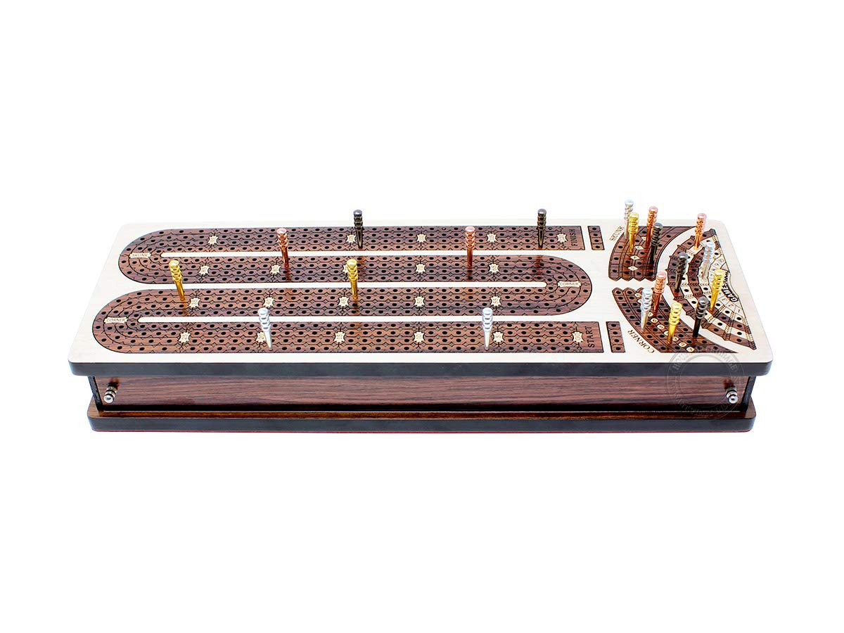 House of Cribbage - Continuous Cribbage Board/Box Inlaid in Maple/Rosewood : 4 Track - Side Drawers with Score Marking Fields for Skunks, Corners