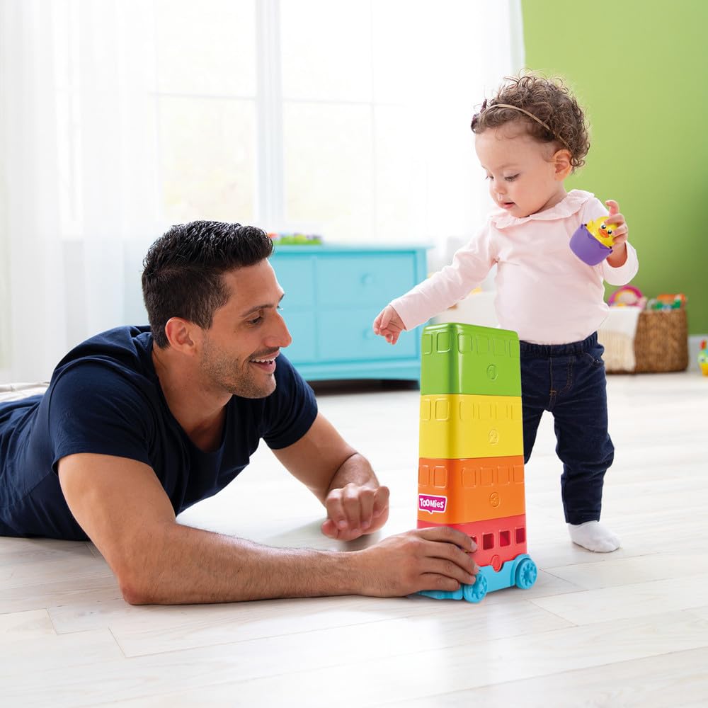 Toomies E73220C Tomy Hide & Squeak Stacker Decker Bus, Push-Along Colours and Sounds, Stacking and Sorting Babies, Educational Toddler Toy for Boys