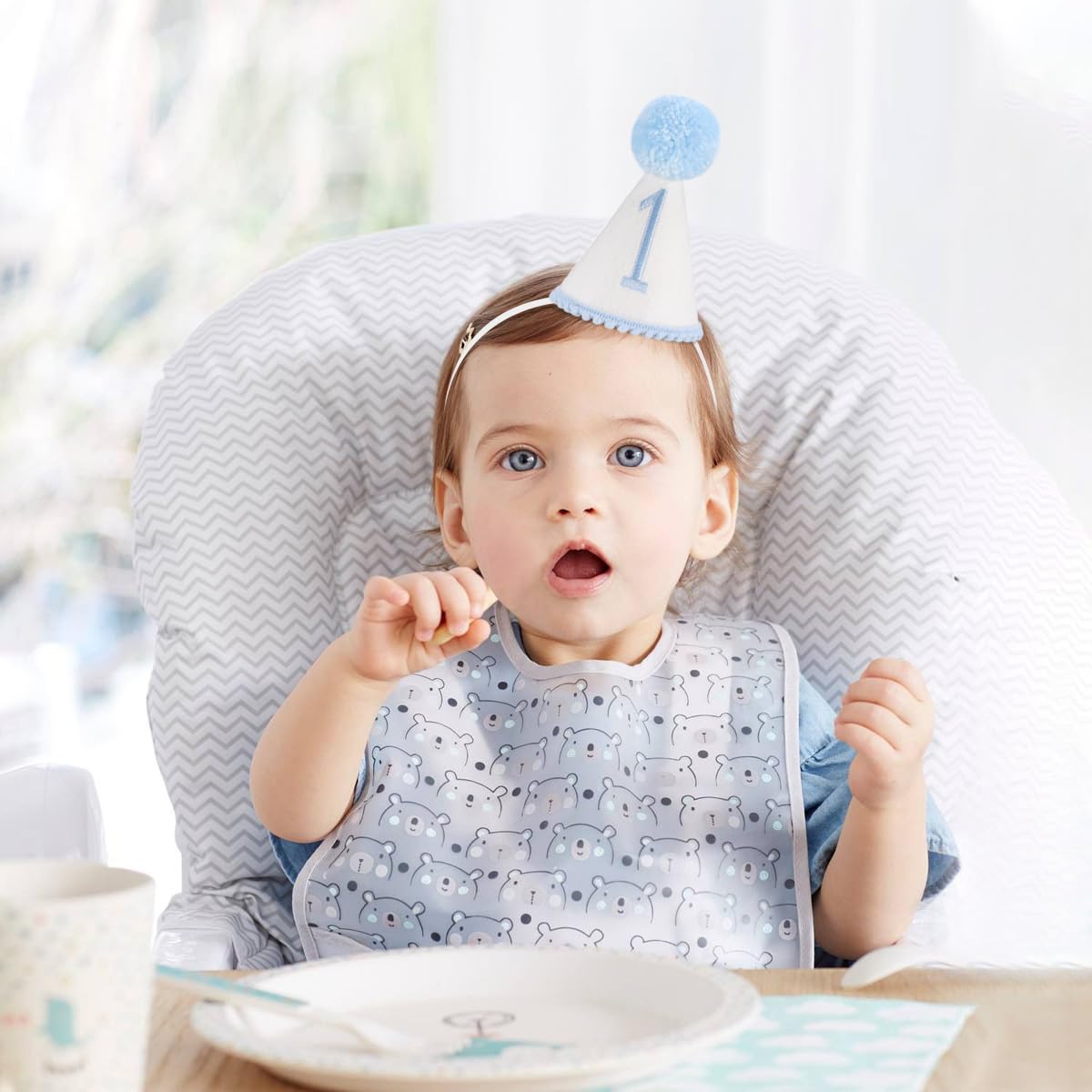 Kaniwati Baby 1st Birthday Party Crown, Pink 1st Birthday Embroidered Party Hat, Blue One Party Hat For Boys/Girls (BULE-1ST-CXMZ)