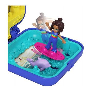 Polly Pocket Shani Tropical Beach Compact with Mobile Ice Cream Cart, Surfboard, Dolphin Figure, Photo Customization, Micro Shani Doll & Sticker