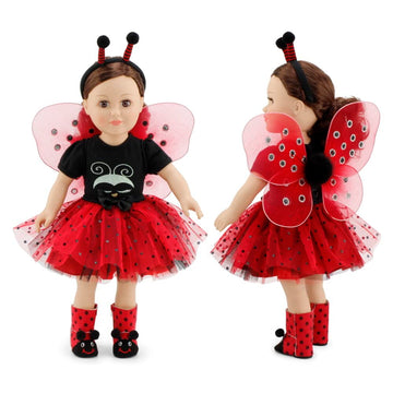 Emily Rose 18 Inch Doll Clothes 5-PC Magical Red & Black Lady Bug Onesie Tutu Halloween Costume for 18" Dolls - Accessories Gift Set - Removable Wings