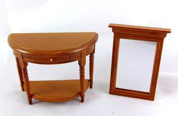 Melody Jane Dolls Houses' Dollhouse Half Moon Walnut Wood Demi Table & Mirror Miniature Hall Furniture