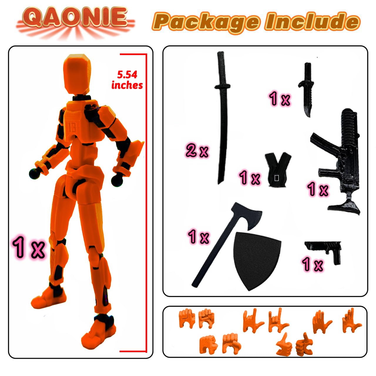 QAONIE (Assembly Completed) 3D Printed Figure 5.54-inch Dummy13 with Weapon Expansion Set, Full Body Mechanical Movable Toy, Desk Decoration. (Orange)