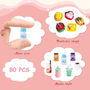 80 Pcs Mini Food Miniature Dollhouse Accessories - 1:12 Scale Small Doll Food Decor Mini Kitchen Set & Tiny Things Toys