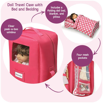 Badger Basket Doll Travel Case with Bed, Blanket, Pillow, Mesh Storage & Peek-a-Boo Window - Fits Girl Dolls - Portable Luggage Carrier with Straps
