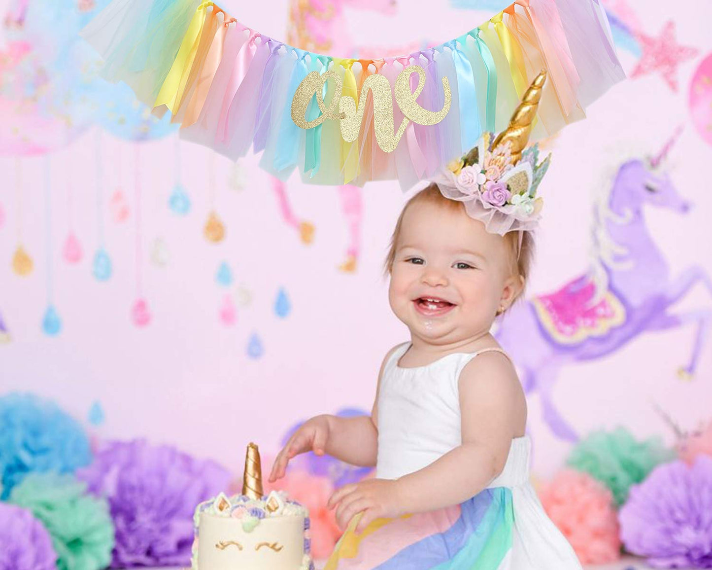 Pastel Rainbow High Chair Banner for 1st Birthday - Party Supplies with Tutu Skirt and Pennant