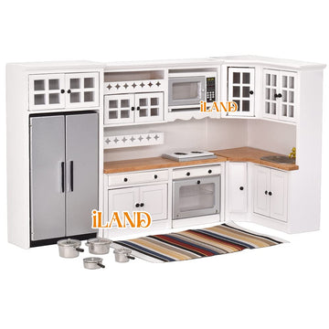 iLAND Dollhouse Furniture and Accessories Set Dollhouse Kitchen Modern Kit, Complete Miniature Cabinets Oven Refrigerator with Cookware fit 1/12 Scale