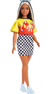 Barbie Fashionistas Doll #179, Curvy with Long Highlighted Hair, Flame Crop Top, Checkered Skirt & Accessories Including Sneakers & Sunglasses