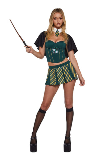 Dolls Kill Sly Wizard Costume by Trickz N’ Treatz - Women’s Corset Top with Striped Skirt, Cape Shrug & Wand, Green, XX-Large