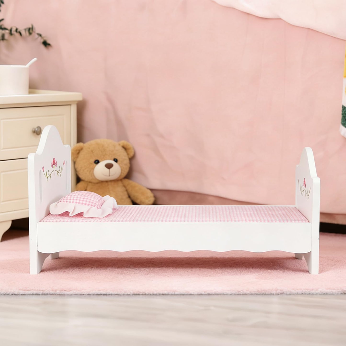 PHOKID Wooden Baby Doll Crib Set, Baby Doll Bed Toys for 18 Inch Dolls, with Bedding and Canopy, Baby Doll Furniture Accessories