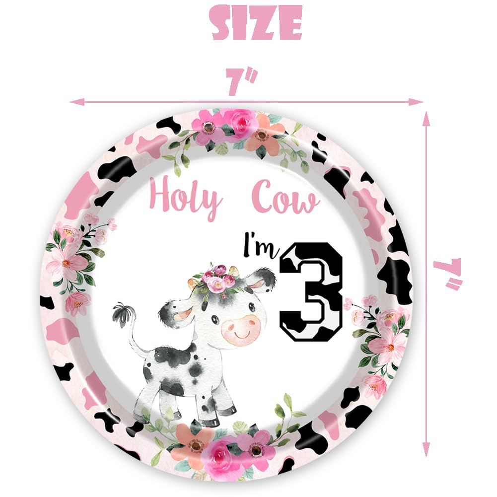 80 Pcs Holy Cow I'm Three Girls Birthday Decorations Moo Moo I'm Three Paper Dinner Plates Napkins Forks Dinnerware for Farm Animals Cow Themed Girls