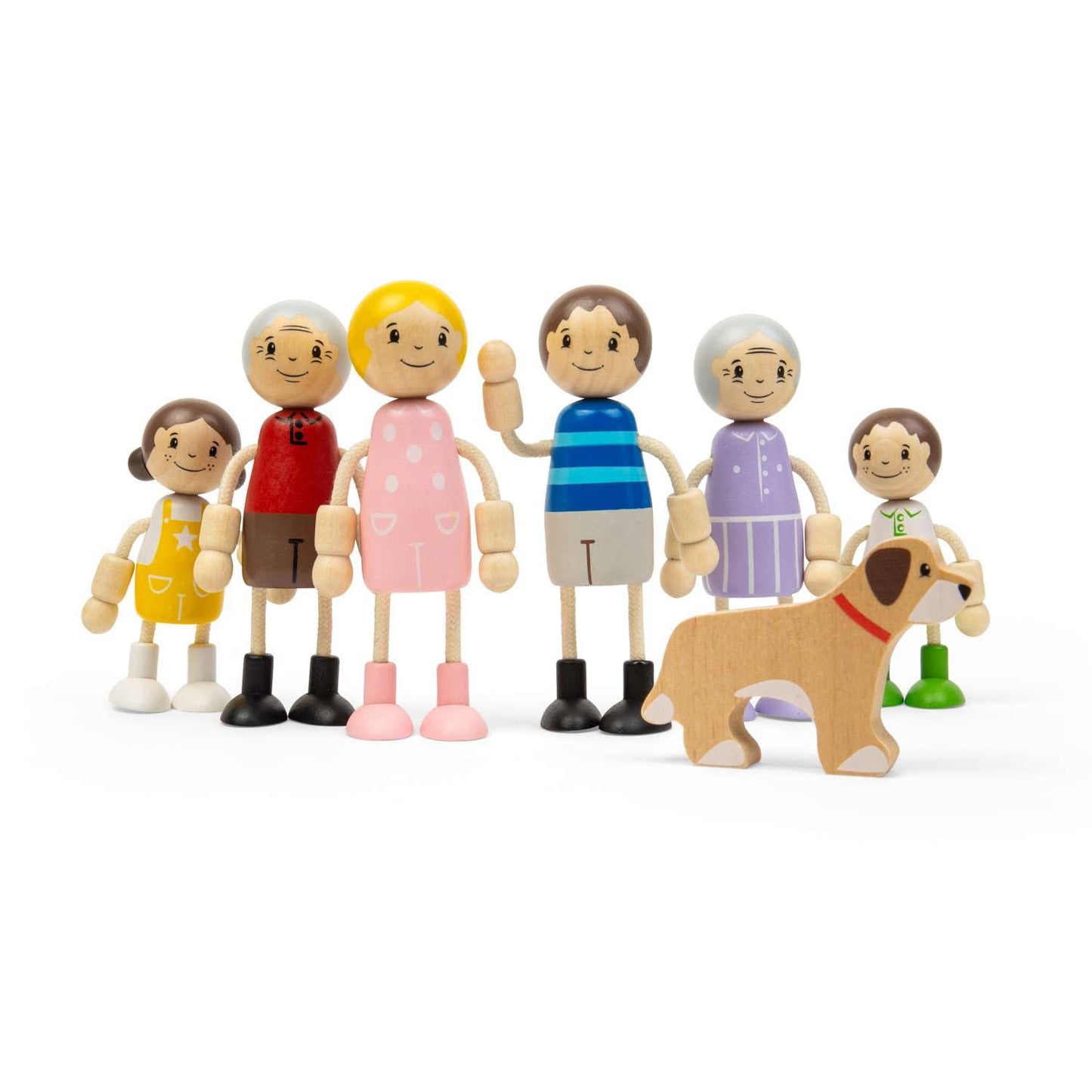 Bigjigs Toys Generational Family Dolls Set of 7 Wooden Dolls House, Small Toy Families, Children, Parents, Grandparents & Dog Figures for Dollhouse
