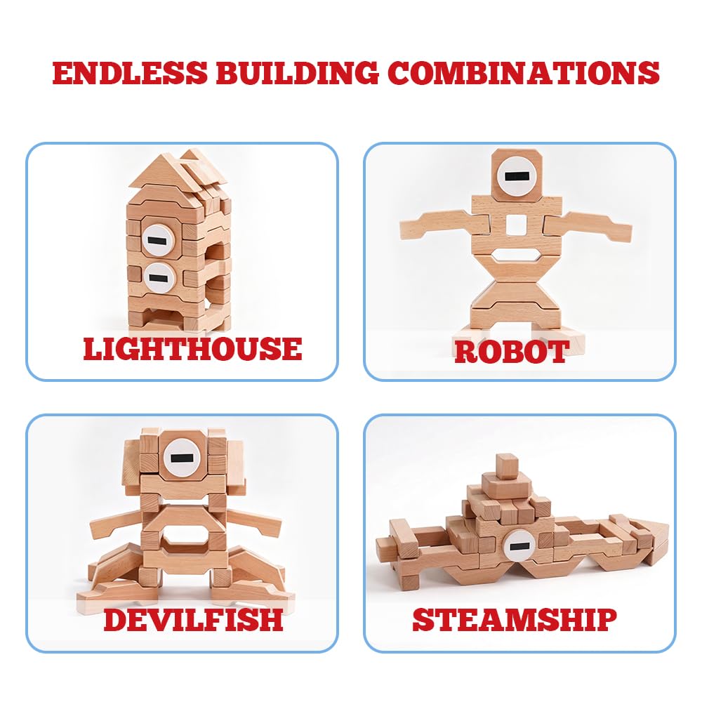 Sing2sky 31 Beech Wood Stacking Building Blocks for Kids Montessori Open-Ended Toys Wooden Shaped Stacking Puzzle, Gift Toy for Toddlers, Compatible