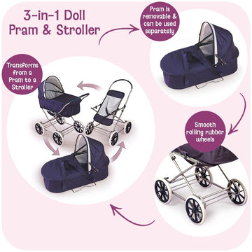 Badger Basket English Style Doll Stroller - Adjustable Canopy Classic Doll Pram - Fits 18 to 22-Inch Dolls - Durable Pretend Play Toy with Smooth