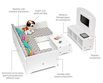 Playtime by Eimmie 18 Inch Doll Furniture Couch & Living Room Set - Wooden Playset with TV & Pet Accessories, Fits American, Generation, My Life &