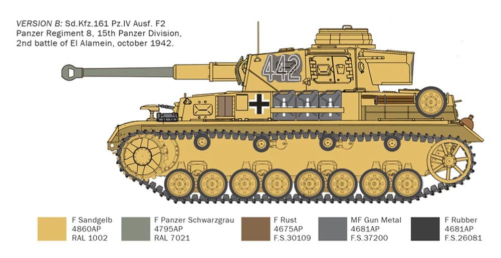 Italeri -6593 Pcs. Kpfw. IV F1/F2/G El Alamein, 1:35 Scale, Model Kit, Plastic Model to Mount, Modeling, Multicoloured, IT6593