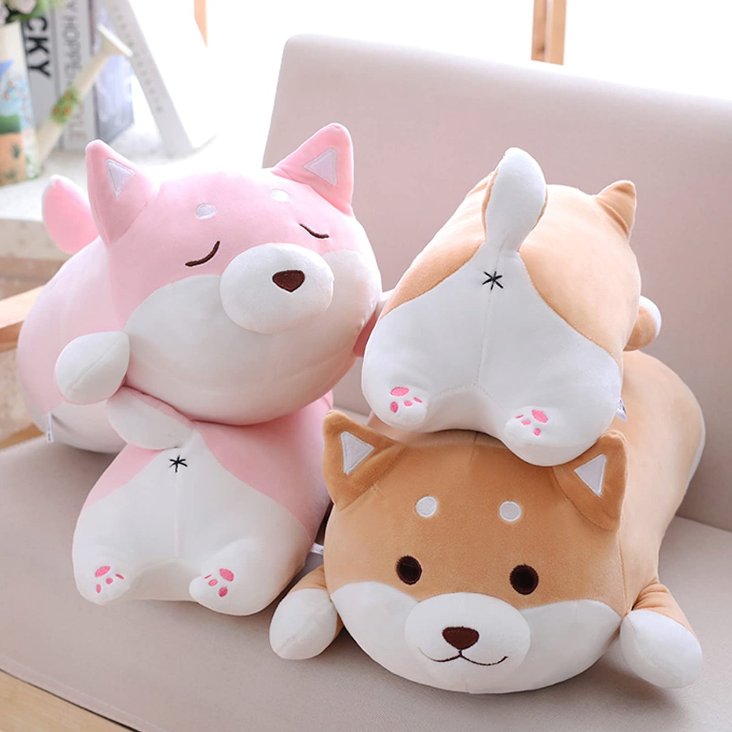 Shiba Inu Dog Plush Pillow, Cute Soft Corgi Stuffed Animals Doll Toys Gifts for Valentine, Christmas, Birthday, Bed, Sofa Chair (Brown Round Eye