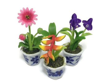 3pc Miniature Flower Clay Dollhouse Fairy Garden Mini Plant Trees Ceramic Paint Furniture Bundles Artificial Flowers Tiny Orchid #088