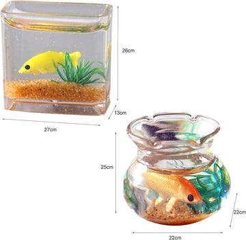 2Pcs Miniature Fish Tank Toy Mini Round Fish Bowls Resin Goldfish Grass for Dollhouse Desktop Craft Project Decor,Mini Fish Bowl,Dollhouse