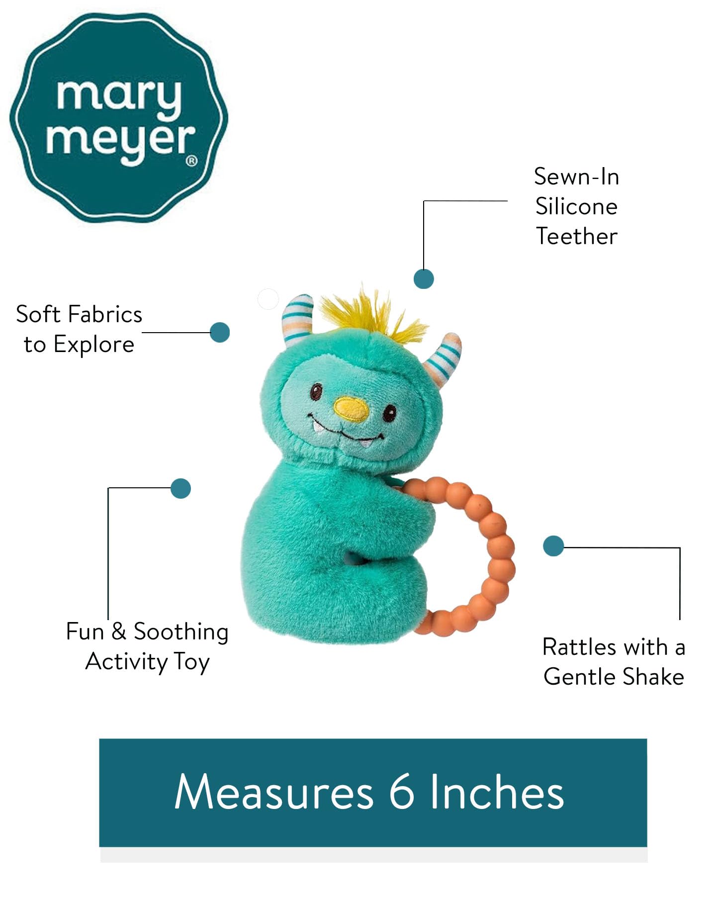 Mary Meyer Soft Baby Rattle with Soothing Teether Ring, 6-Inches, Mookie Monster