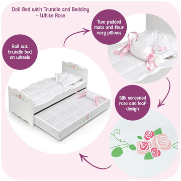 Badger Basket Doll Bed with Trundle and Bedding - Elegant White and Rose Bed for 18 to 20-Inch Dolls with Deluxe Mats and Pillows
