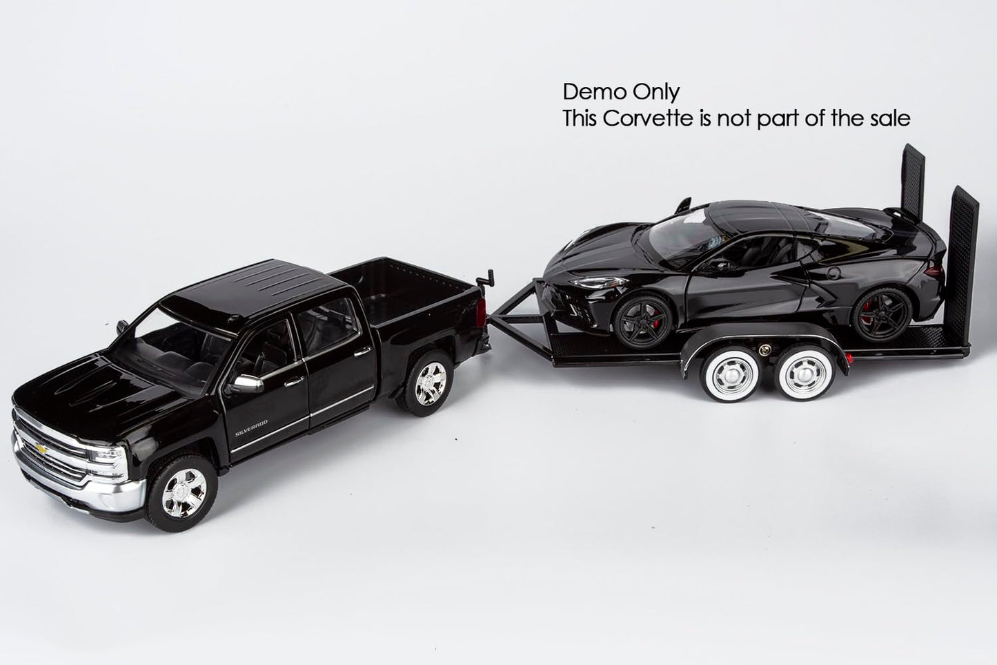 Motormax 2018 Chevy Silverado 1500 LTZ Crew Cab Pickup Truck with a Car Hauler, Truck & Tow Trailer Combo, 1/27 Scale Diecast Model, Black, All Star