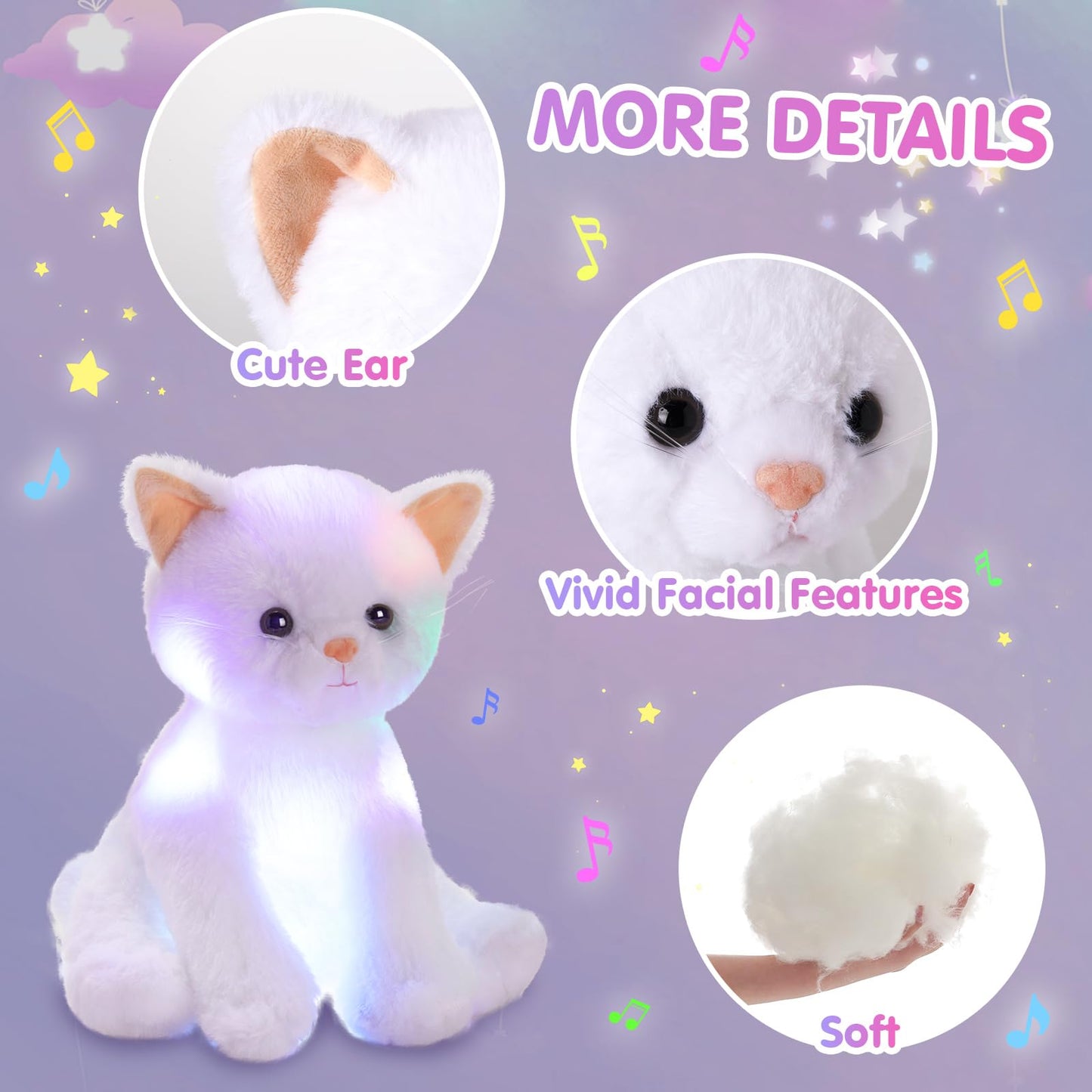 Houwsbaby 12'' White Musical Light Up Cat Stuffed Animal Kitty Plush Toy Singing LED Glowing Cat Plush Toy Christmas Festival Birthday Presents
