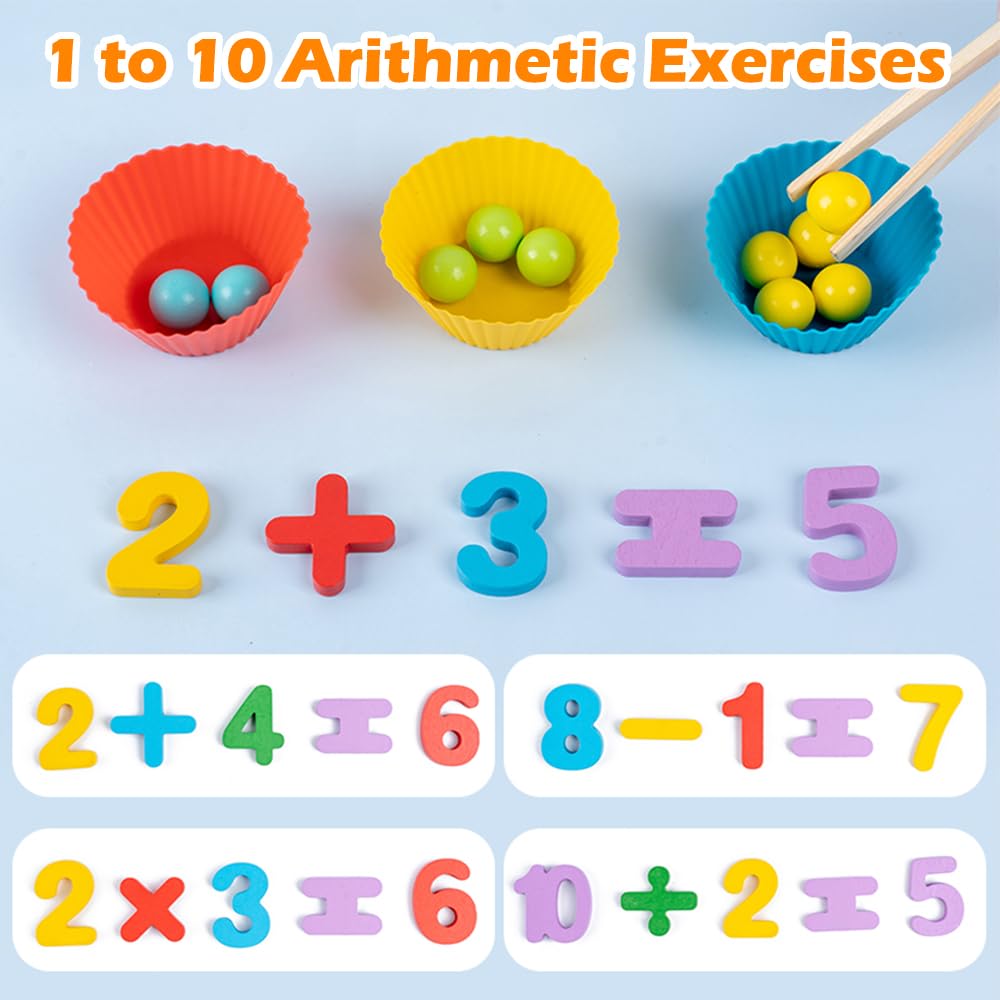 SWIMDOG Montessori Arithmetic Math Toy Set, Toddler Wooden Montessori Toys for 2 3 4 5 6 Years Old, Number Cognitive Clip Bead Matching Game, Boy Girl