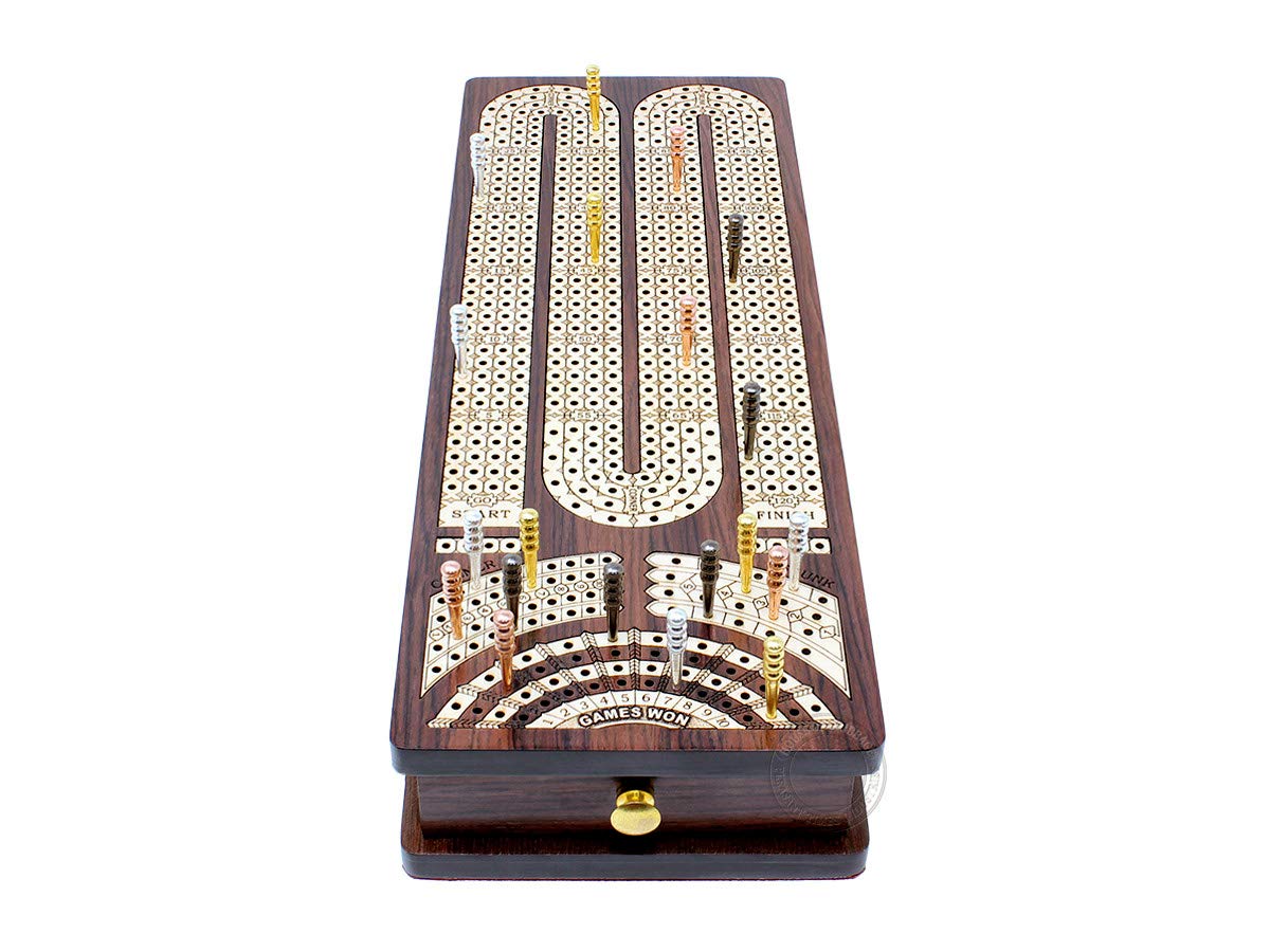 House of Cribbage - Continuous Cribbage Board/Box Inlaid in Rosewood/Maple : 4 Track - Side Drawers with Score Marking Fields for Skunks, Corners