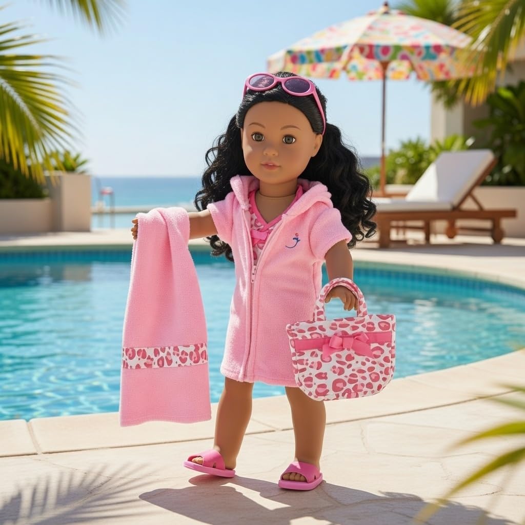 Emily Rose 18 Inch Doll Bathing Suit Set - 7 Piece Tankini Swimsuit Outfit with Hooded Coverup, Towel, Sunglasses, Sandals & Tote Bag - Doll NOT