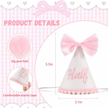 Kaniwati Pink Bow Half Birthday Hat,Bow Girl 1/2 Birthday Hat,Half Decorations for Girls,White and Pink Embroidery (CXMZ-HALF-HDJ)